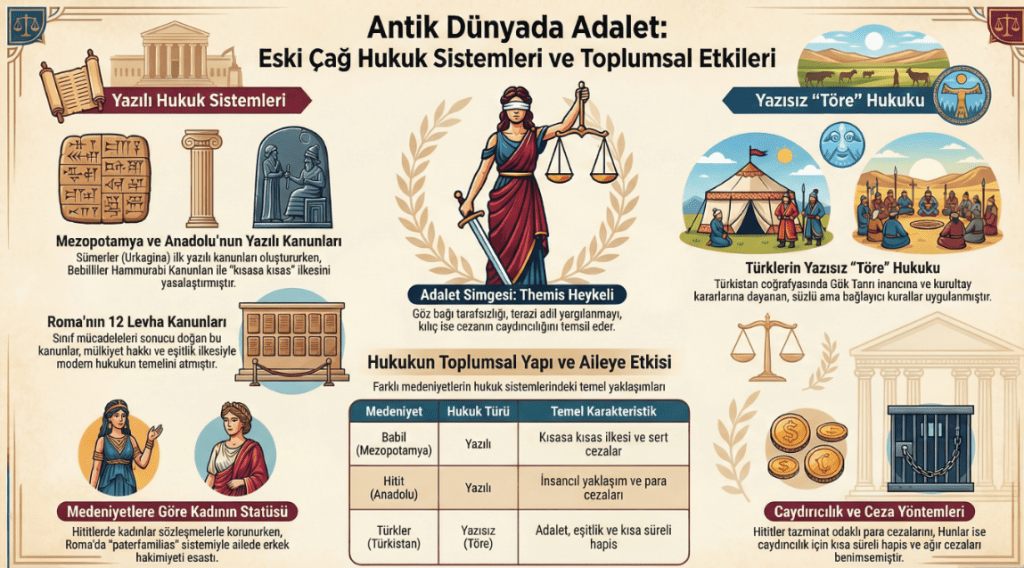 Antik Dünyada Adalet: Eski Çağ Hukuk Sistemleri ve Toplumsal Etkileri konulu bilgi grafiği.