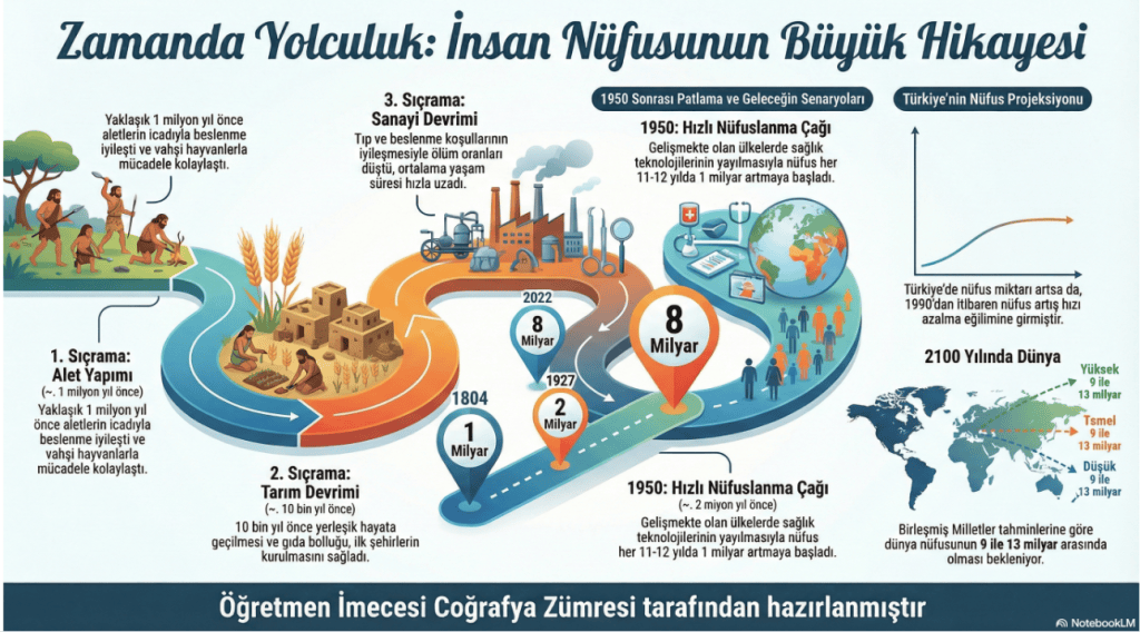 Zamanda Yolculuk: İnsan nüfusunun gelişimini gösteren bir infografik, alet yapımı, tarım devrimi ve sanayi devrimi aşamalarını vurgulamaktadır.