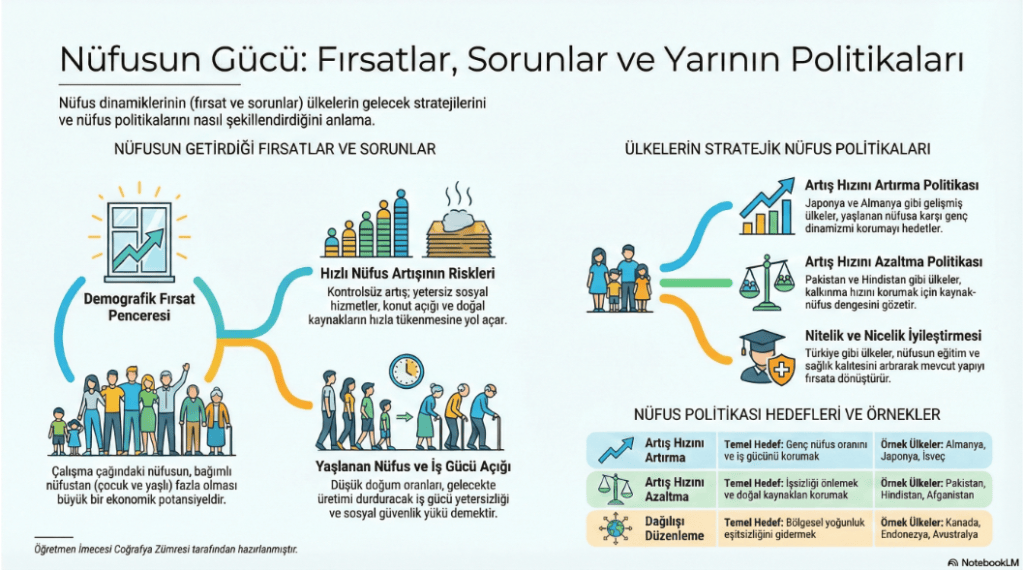 Nüfus dinamikleri ve etkileri, stratejik nüfus politikaları ve ülkelerin gelecekteki zorlukları hakkında bilgi veren bir infografik.