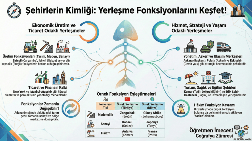 Şehirlerin kimliği ve yerleşim fonksiyonları üzerine bilgilendirici infografik. Ekonomik üretim, ticaret, hizmet, strateji ve yaşam odaklı yerleşimler hakkında detaylar içerir.