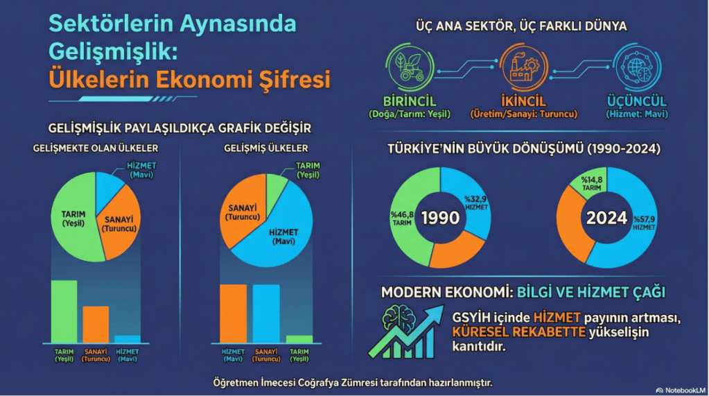 Ekonomik gelişim ve sektör paylaşımlarını gösteren grafikler ve istatistikler içeren infografik.