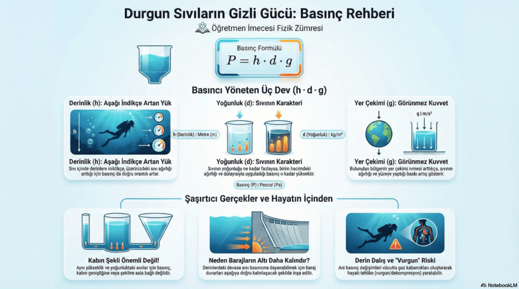 Durgun sıvıların basınç özelliklerini açıklayan eğitim grafik. Basınç formülü P = h . d . g görünmekte. Derinlik, yoğunluk ve yer çekimi hakkında bilgiler içeriyor.