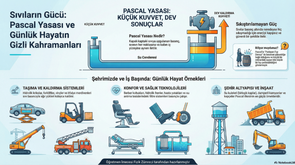 Pascal Yasası ve sıvıların gücünü açıklayan bir infografik. Su cilcumu ve baskı hakkında bilgi veriyor, günlük yaşamda uygulamalarını gösteriyor.