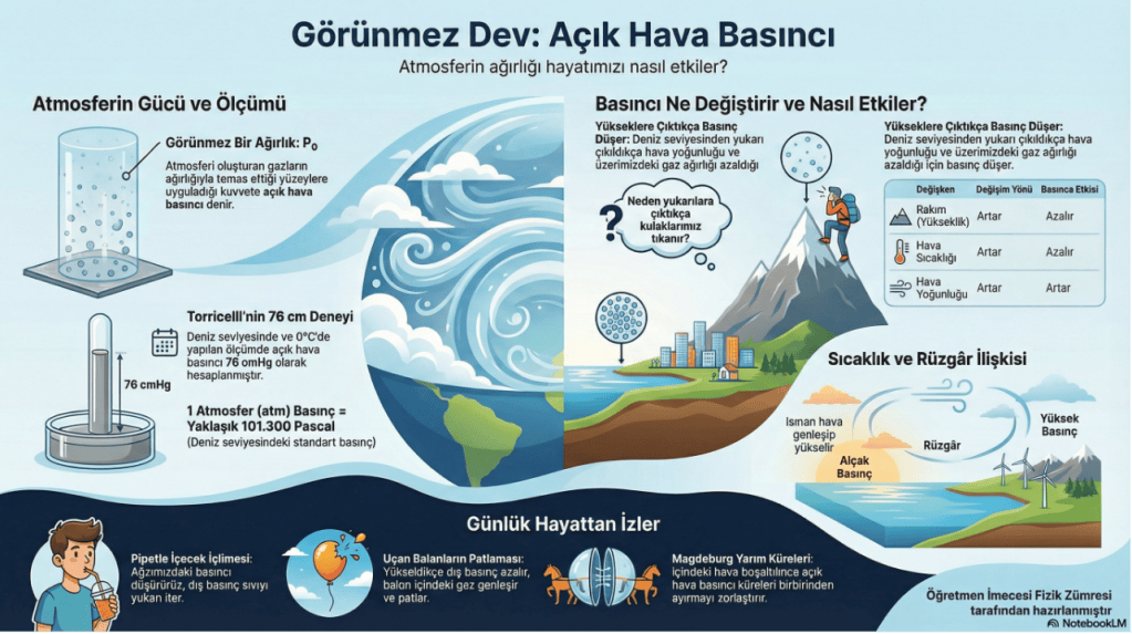 Atmosferin gücü ve ölçüm yöntemlerini açıklayan, açık hava basıncının etkilerini ve değişimlerini gösteren bir infografik.