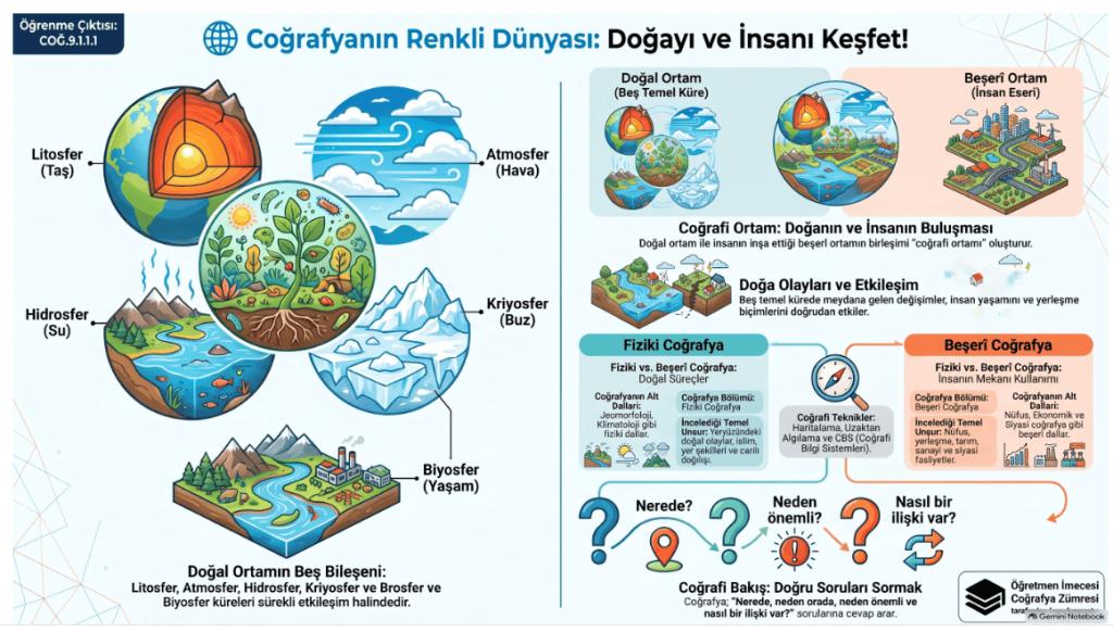 Coğrafyanın beş temel bileşenini anlatan ve doğal ortam ile insan arasındaki ilişkiyi vurgulayan bir infografik.