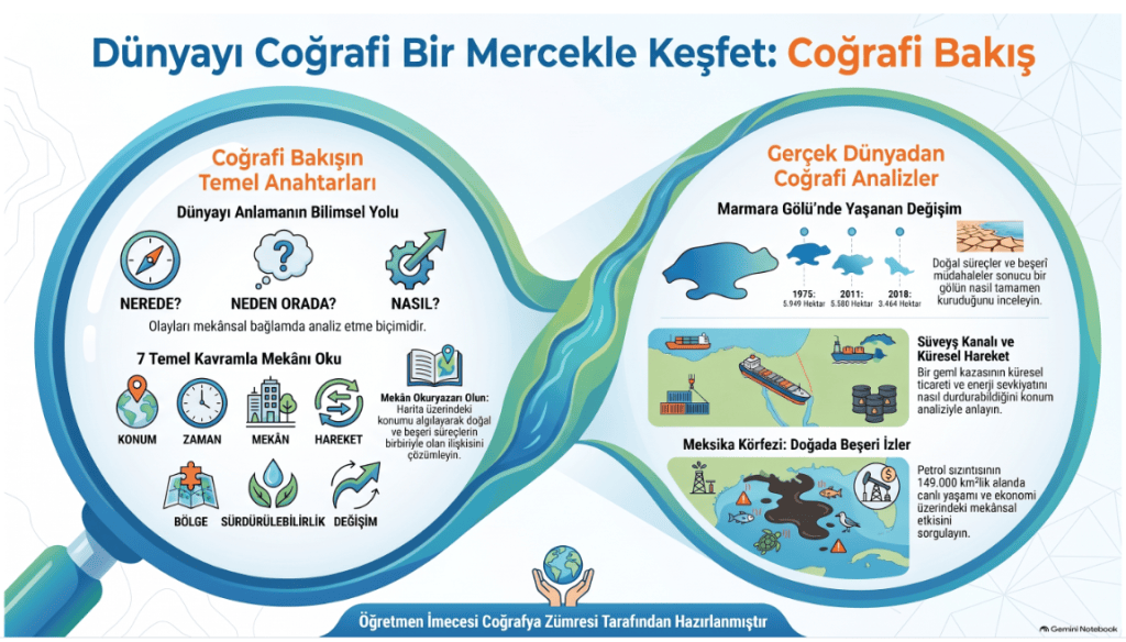 Dünyayı coğrafi bir mercekle keşfetmeyi anlatan grafik, coğrafi bakışın temel kavramlarını ve gerçek dünya analizi için örnekleri içeriyor. Marmara Gölü'ndeki değişim ve Meksika Körfezi'ndeki çevresel etkiler ele alınıyor.