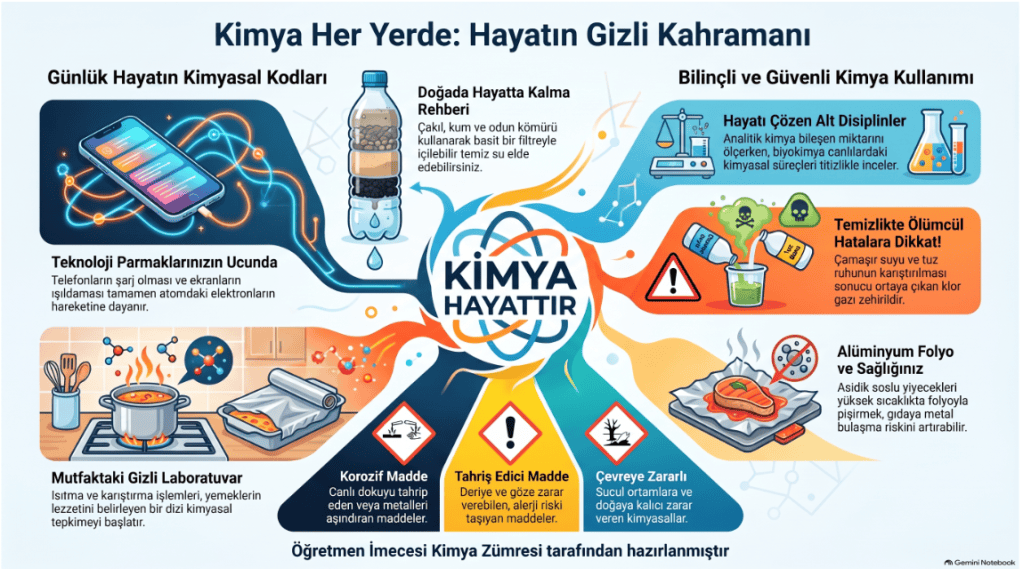 Kimyanın günlük yaşamda nasıl kullanıldığına dair grafik; hayat kurtaran bilgiler ve uygulamalar içeriyor.