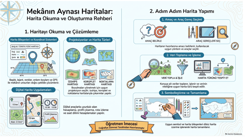 Mekânın aynası haritalar: Harita okuma ve oluşturma rehberi, harita bileşenleri, proje türleri ve dijital uygulamalar hakkında bilgi veriyor.