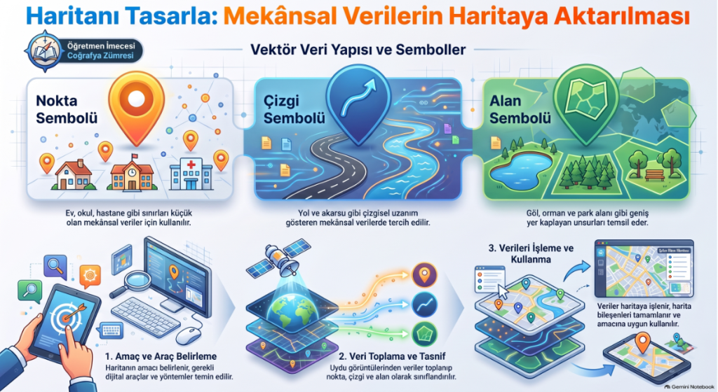 Mekansal veri aktarımını açıklayan bir infografik, nokta, çizgi ve alan sembollerinin kullanımı ile harita tasarımı sürecini gösteriyor. Aşamalar: amaç ve araç belirleme, veri toplama ve tasnif etme, verileri işleme ve kullanma.
