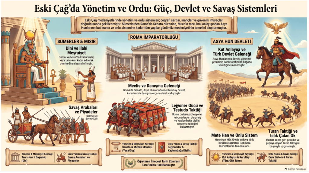 Eski Çağ'da yönetim ve ordu sistemleri, Sümerler, Mısır, Roma İmparatorluğu ve Asya Hun Devleti'nin özelliklerini gösteren bir infografik.