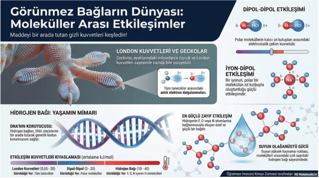 Moleküller arası etkileşimleri açıklayan infografik. Hidrojen bağı, dipol-dipol ve London kuvvetleri gibi etkileşimlerin tanımlandığı bir tasarım.