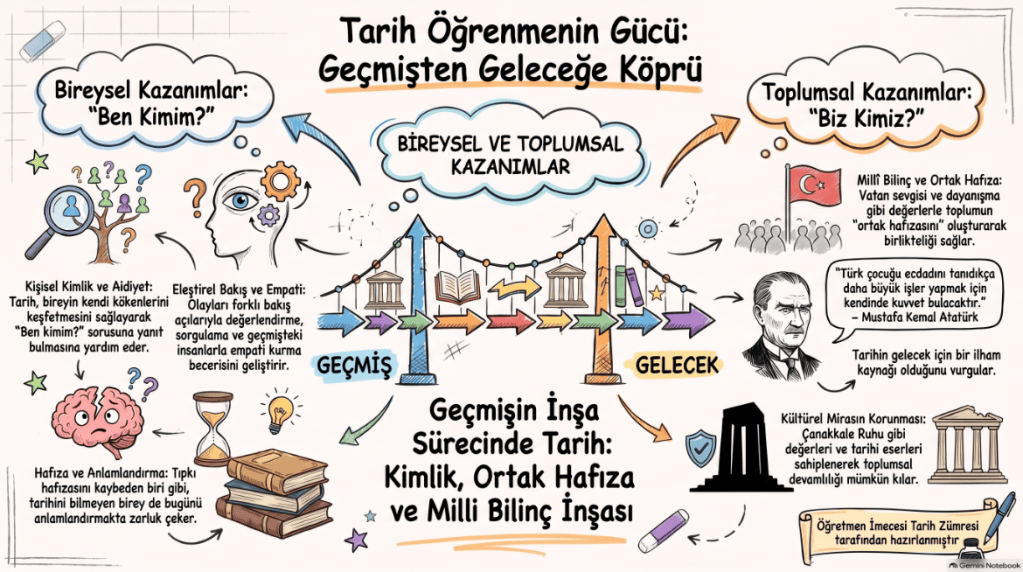 Tarih öğreniminin gücünü anlatan bir grafik. Geçmişten geleceğe köprü temasıyla bireysel ve toplumsal kazanımları açıklıyor. 'Ben kimim?' ve 'Biz kimiz?' soruları etrafında yapısal bilgiler sunuyor.