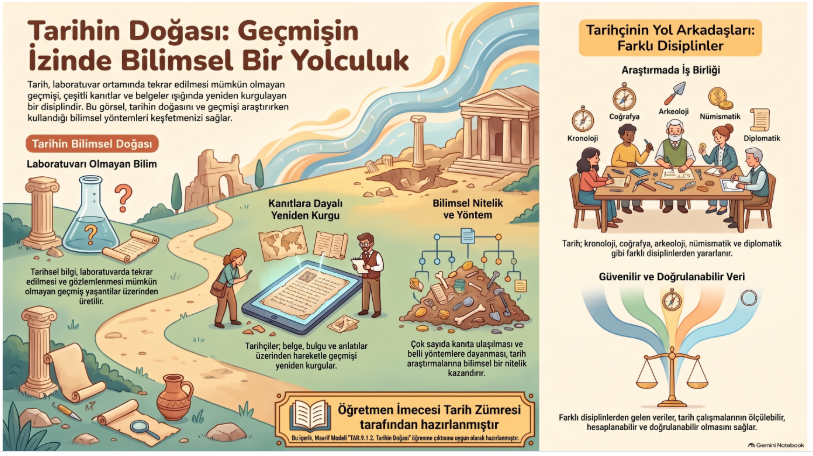 Tarihin doğasını ve bilimsel araştırmaların önemini vurgulayan bir grafik. Tarih laboratuvar ortamında incelenemediği için bilimsel yöntemlerin nasıl kullanıldığını gösteriyor.