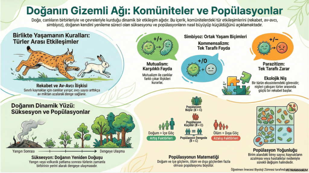 Doğanın dinamik ağını ve türler arası etkileşimleri açıklayan bir infografik.