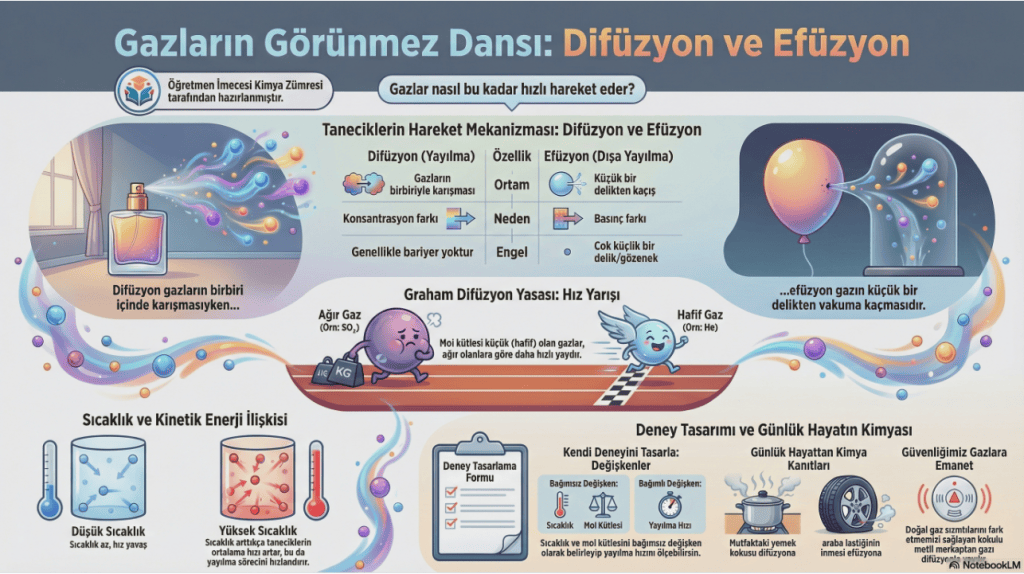Gazların görünmez dansı: Difüzyon ve efüzyon konularını açıklayan eğitim grafiği.