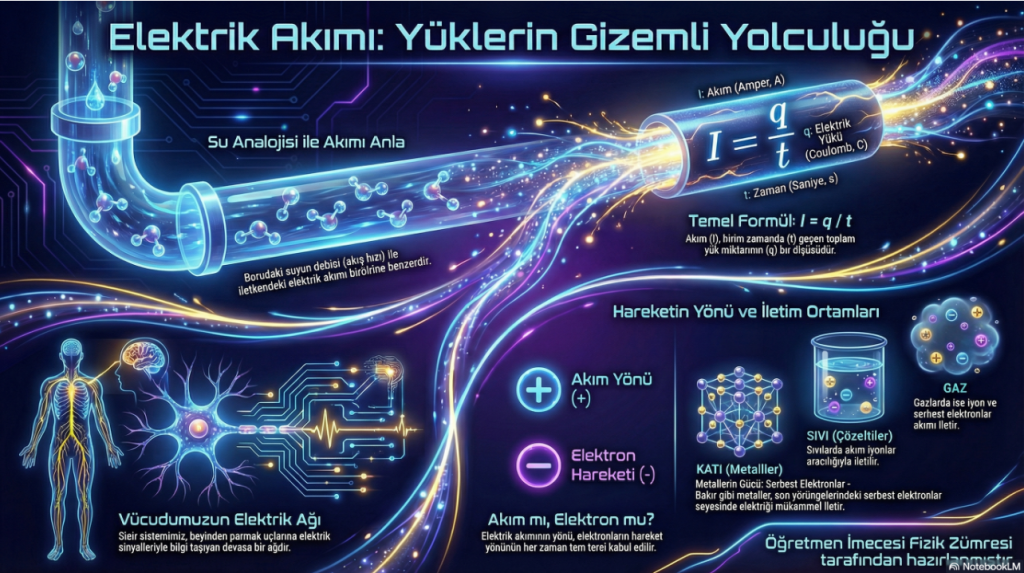 Elektrik akımı ve yüklerin yolculuğu hakkında bilgi veren grafik. Su analojisi ile elektrik akımı, bedenimizdeki elektrik ağı ve iletim ortamları açıklanmaktadır.