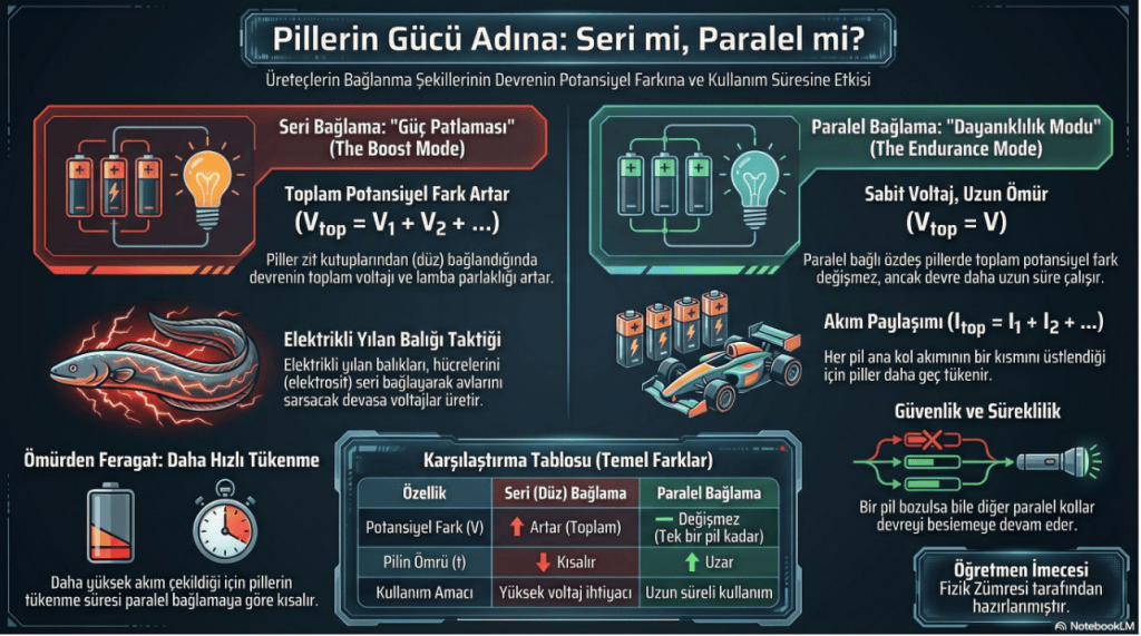 Pillerin bağlantı şekillerinin devre üzerindeki etkilerini açıklayan bir infografik, ser bağlama ve paralel bağlama modlarıyla ilgili bilgiler içeriyor.
