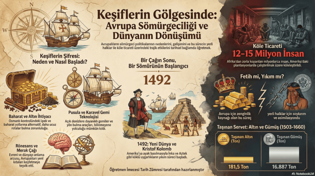 Keşiflerin gölgesinde Avrupa sömürgeciliği ve dünyanın dönüşümü konulu bilgi grafiği.