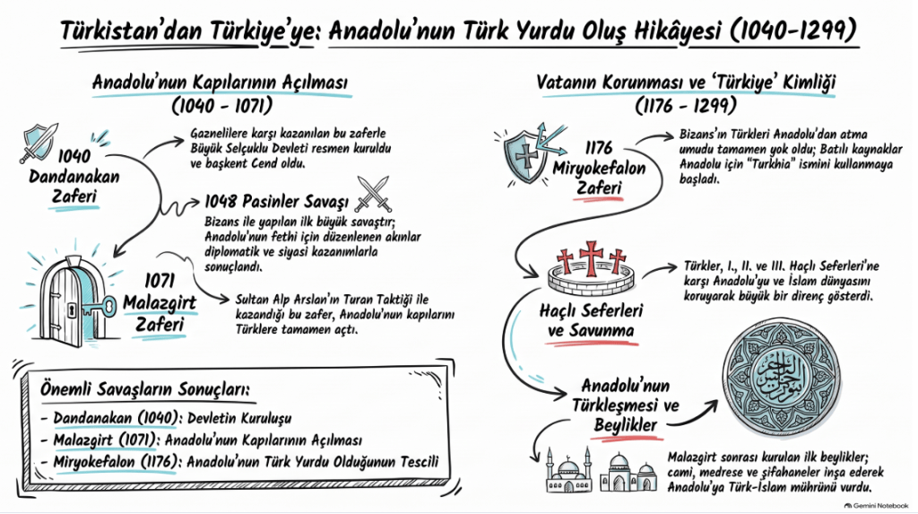 Türklerin Anadolu'ya gelişini ve önemli savaşları anlatan tarihsel bir çizim.