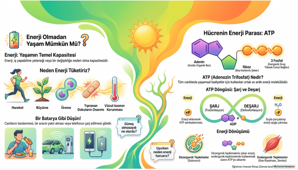 Enerjinin yaşam için önemi ve ATP'nin enerji döngüsünü açıklayan grafik. Enerji tüketiminin nedenlerini, ATP'nin yapısını ve işlevini gösteren görsellerle dolu.