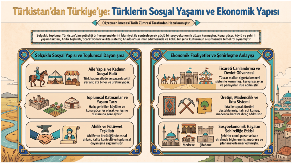 Selçuklu sosyal yapısı ve toplumsal dayanışmayı açıklayan bir infografik.