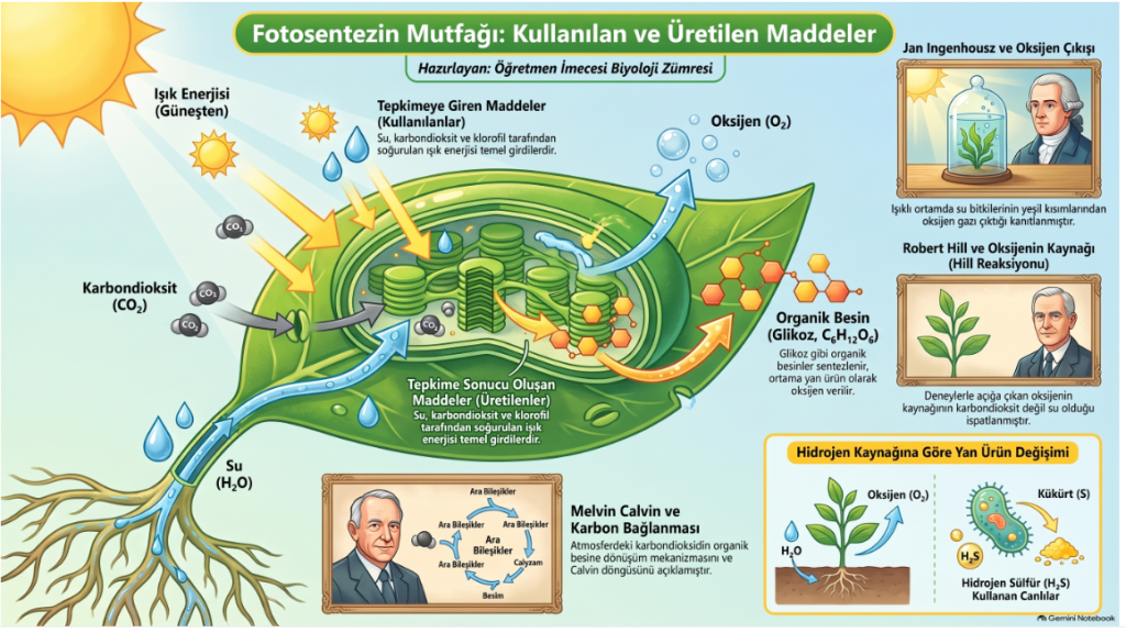 Fotosentez sürecini açıklayan ve kullanılan maddeleri gösteren bir infografik. Güneş ışınlarının, su (H2O) ve karbondioksit (CO2) ile birlikte organik besinler ve oksijen (O2) üretimindeki rolünü detaylandırıyor.