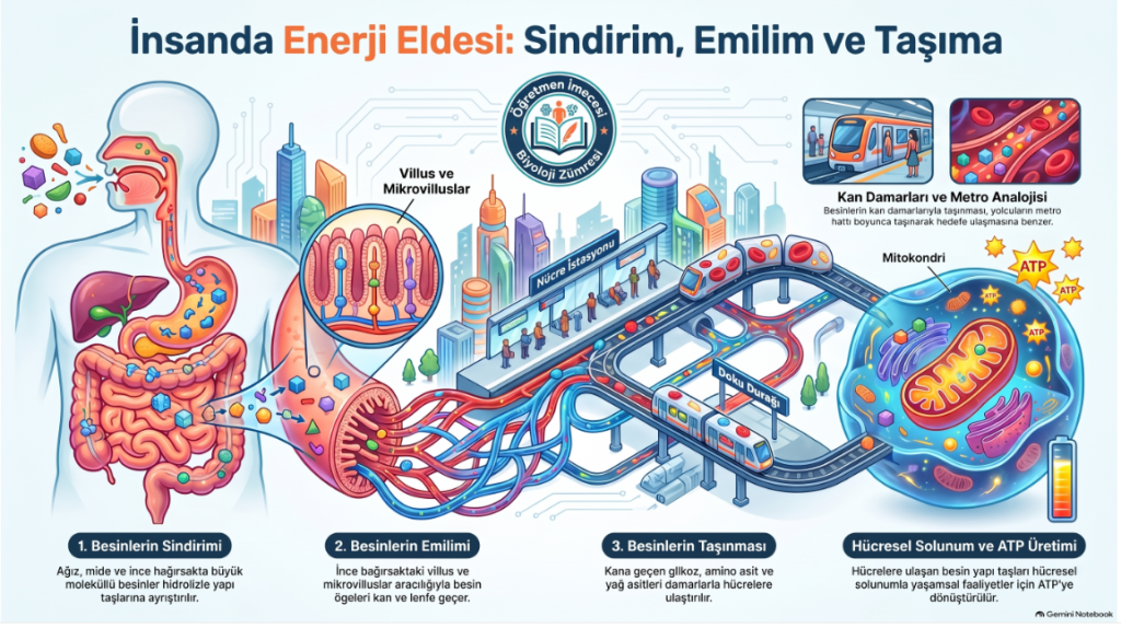 İnsanda enerji elde etme sürecini gösteren infographic; sindirim, emilim ve taşıma aşamaları ile kan damarlarının metro analojisini açıklıyor.