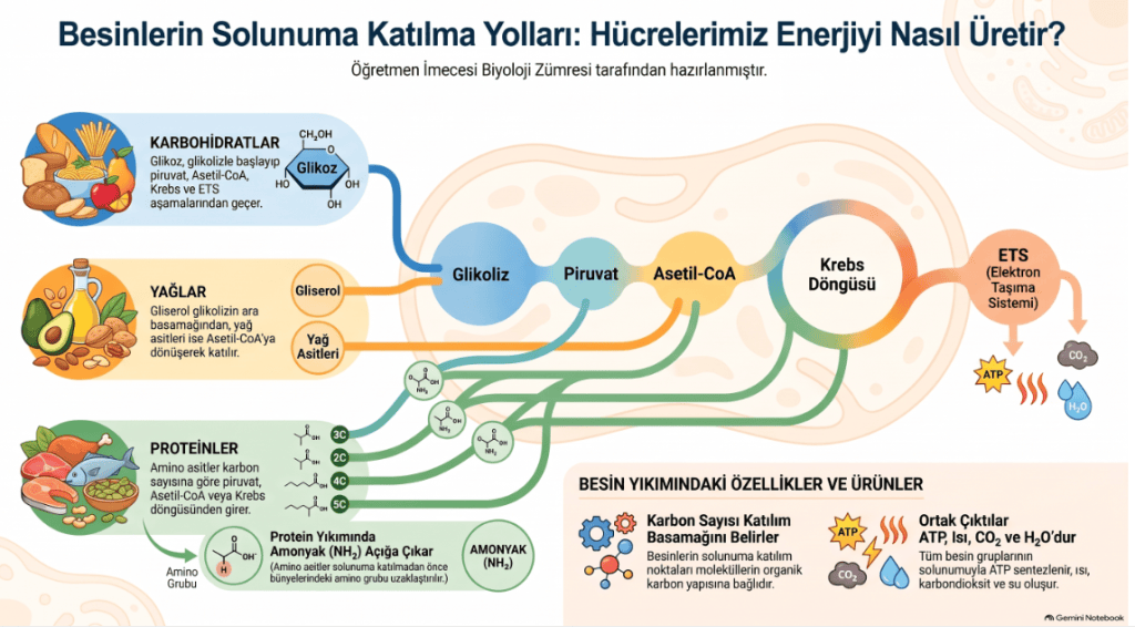 Besinlerin solunuma katılma yollarını gösteren infografik; karbonhidratlar, yağlar ve proteinlerin enerji üretim süreçlerini detaylandırmaktadır.