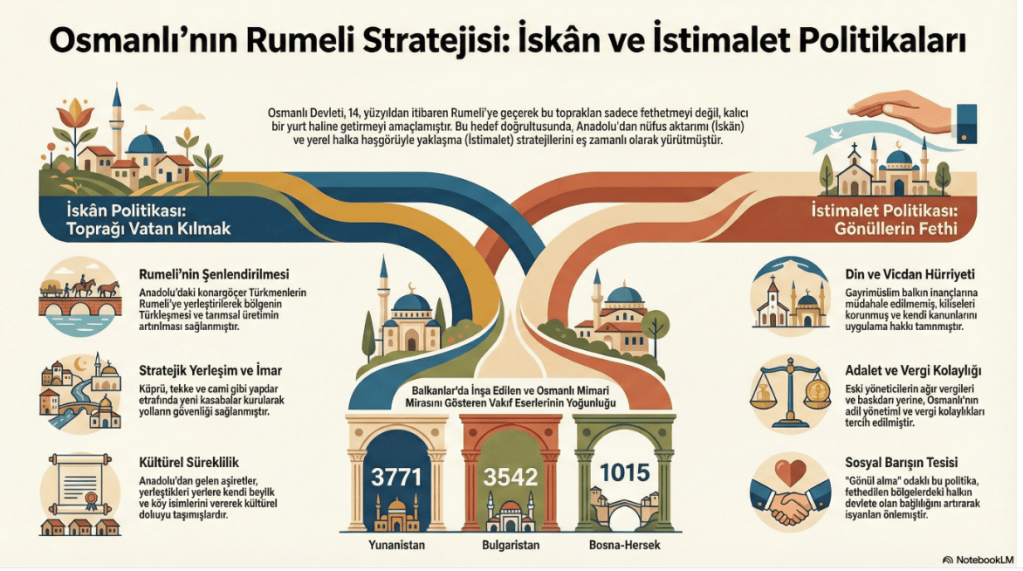 Osmanlı'nın Rumeli Stratejisini ve iskan ile istimalet politikalarını anlatan bir infografik.