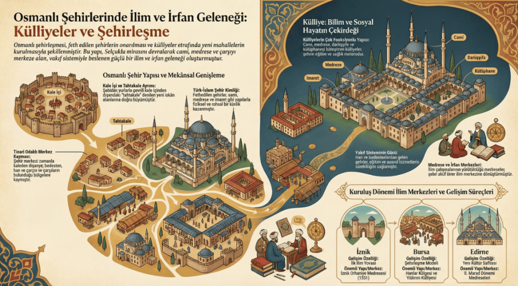 Osmanlı şehirlerinde ilim ve irfan geleneğini anlatan infografik, külliyelerin yapısını ve şehirleşmeyi gösteriyor. Külliyelerde cami, medrese, kütüphane gibi sosyal ve bilimsel yapılar yer alıyor.