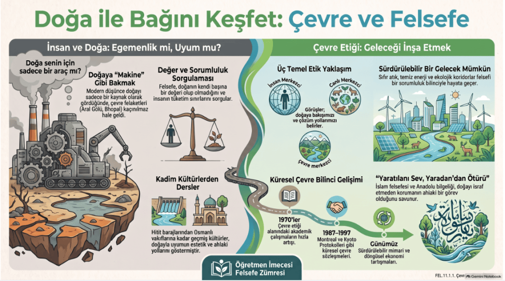 Doğa ve felsefe ilişkisini inceleyen bir infografik, çevre etiği ve sürdürülebilir geleceği vurguluyor.