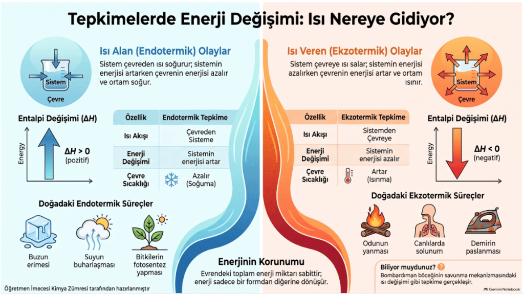 Endotermik ve egzotermik reaksiyonların enerji değişimini açıklayan grafik.
