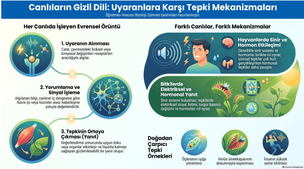 Canlıların uyarılara karşı tepkilerini inceleyen bir infografik. Her canlıda geçerli evrensel bir süreci açıklıyor: uyarının alınması, yorumlanması ve tepkinin ortaya çıkması.