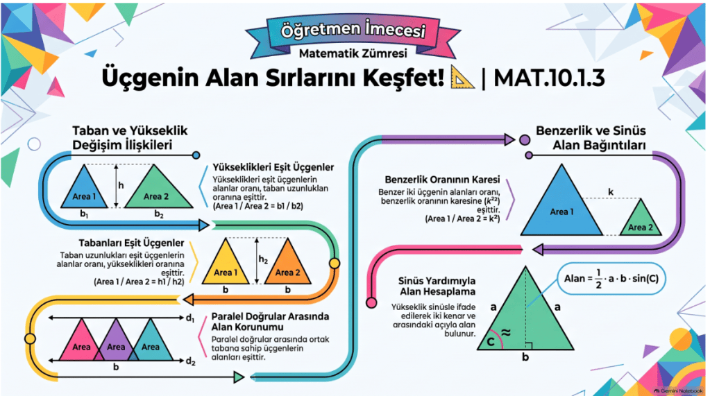 Üçgenin alan hesaplaması ile ilgili matematiksel ilişkileri açıklayan infografik. Taban ve yükseklik, benzerlik oranları, sinüs yardımıyla alan hesaplama gibi konulara değinilmektedir.