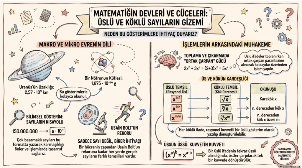 Matematiksel ifadeler, üslü ve köklü sayıların önemini vurgulayan bir infografik.