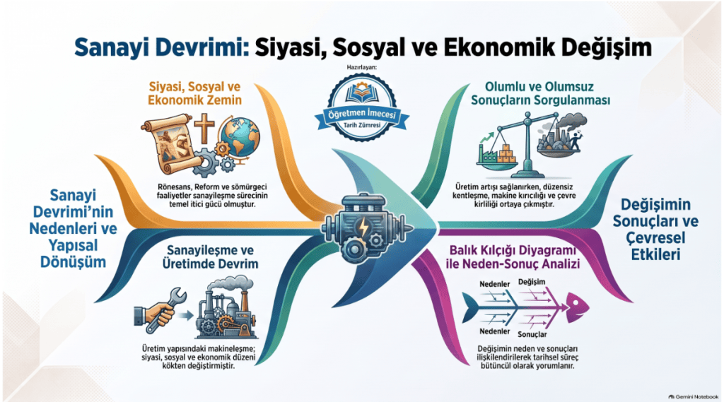 Sanayi Devrimi ile ilgili bilgileri içeren grafik; siyasi, sosyal ve ekonomik değişimlerin yanı sıra bu değişimlerin nedenleri ve sonuçlarını amaçlamaktadır.