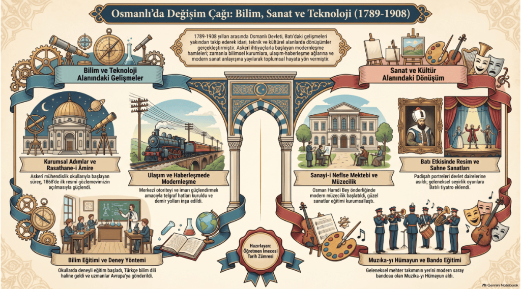 Osmanlı'da Değişim Çağı: Bilim, Sanat ve Teknoloji (1789-1908) temalı bilgi grafiği.