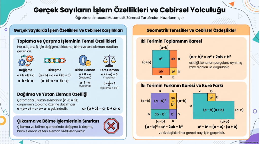 Gerçek sayıların işlem özellikleri ve cebirsel karşılıklarının anlatıldığı bir görsel.