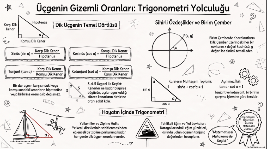 Üçgenin gizemli oranları ve trigonometrik fonksiyonlar hakkında bilgi veren bir infografik. Eşkenar üçgenin temel özellikleri, birim çember ve trigonometri uygulamaları hakkında açıklamalar içeriyor.