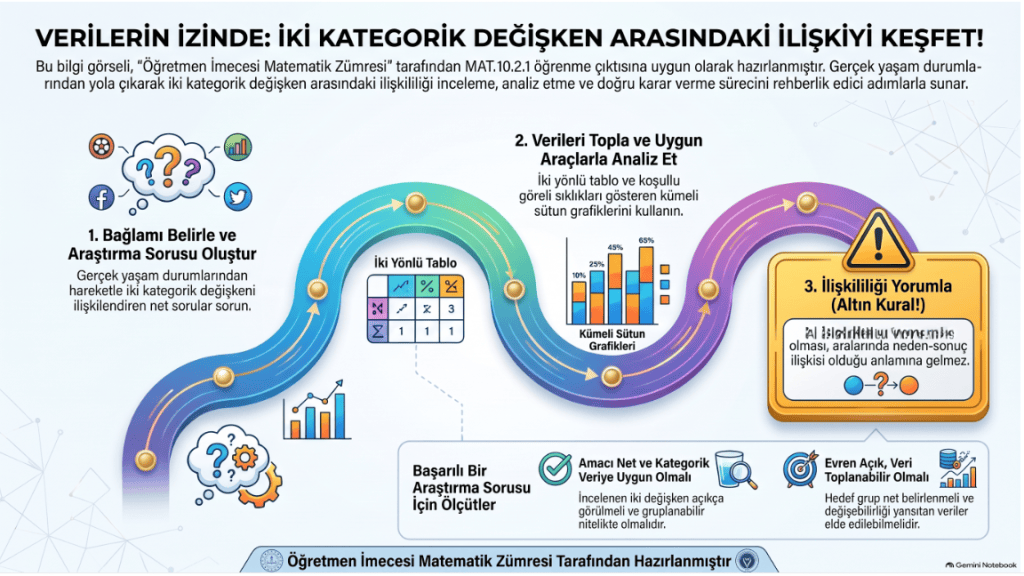 Verilerin iki kategorik değişken arasındaki ilişkisini keşfeden bilgi grafiği. Araştırma sorusu oluşturma, veri toplama ve analiz etme adımlarını gösteriyor.