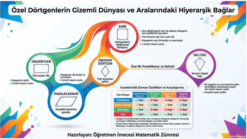 Özel dörtgenlerin özelliklerini ve aralarındaki hiyerarşik bağlantıları açıklayan infographic.