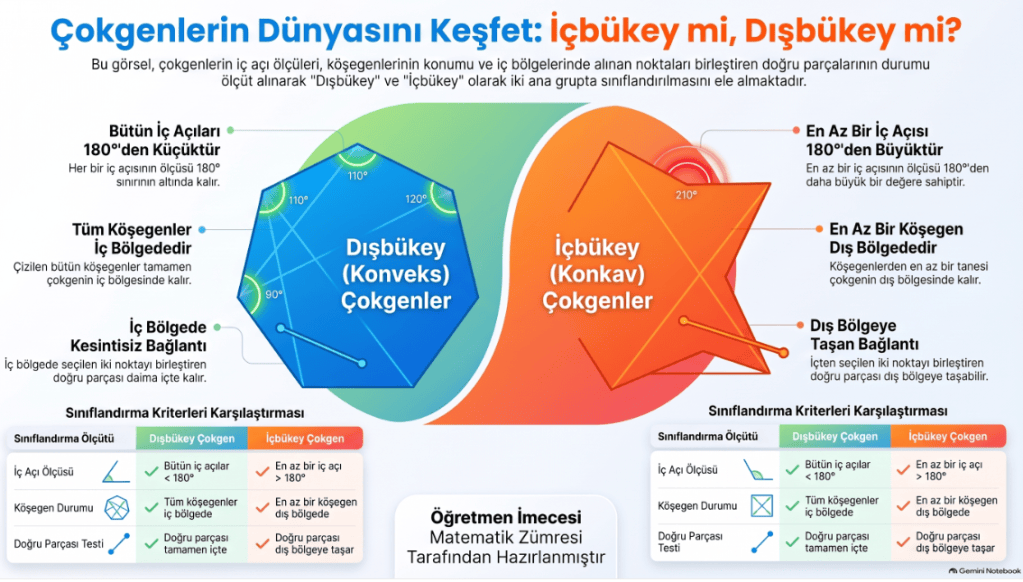 Çokgenlerin içbükey ve dışbükey olarak sınıflandırılmasını açıklayan bir infografik.