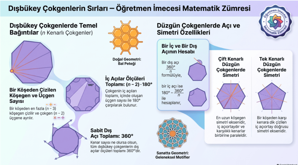 Dışbükey çokgenlerin temel özelliklerini ve açılarının hesaplamalarını açıklayan Türkçe bir matematik zümresi infografiği.