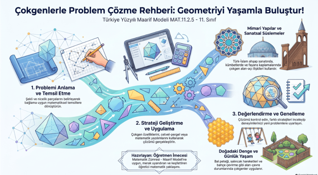 Çokgenlerle problem çözme rehberi ve geometrik temalarla ilgili bir infografik.