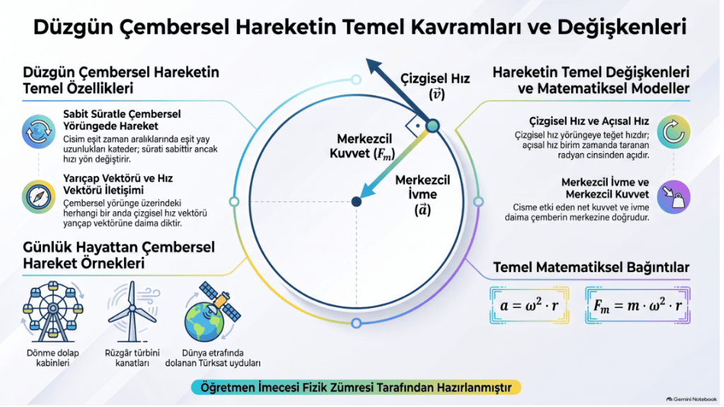 Düzgün çembersel hareketin temel kavramları, özellikleri ve matematiksel modelleri hakkında bilgi veren infografik.